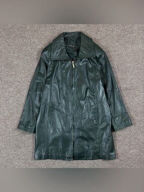 Vintage Pelle Green Genuine Leather Jacket Womens Medium Full Zip Mid Length 90s